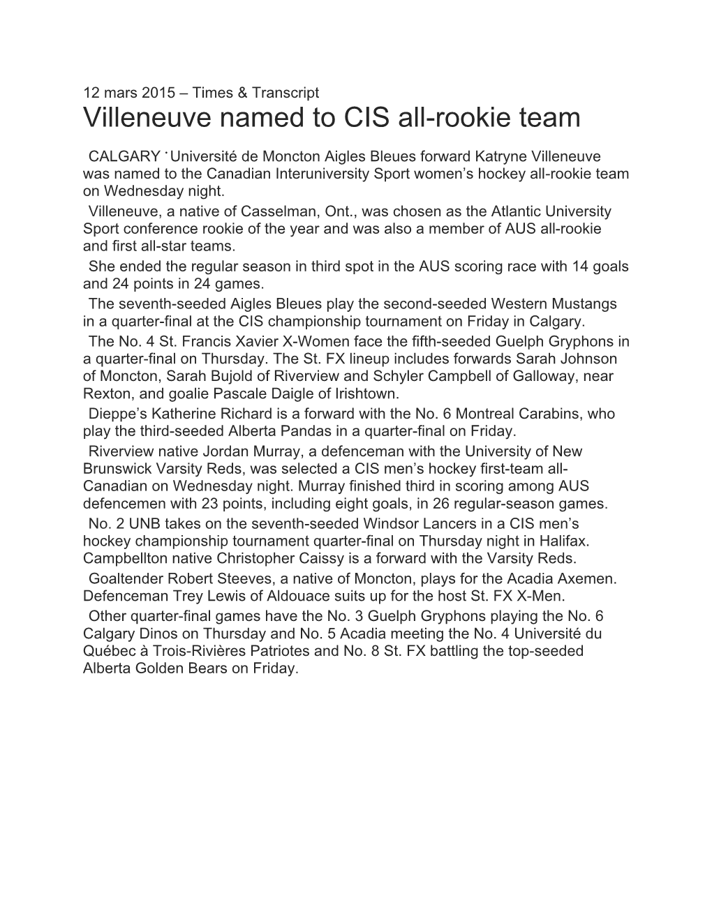 Villeneuve Named to CIS All-Rookie Team