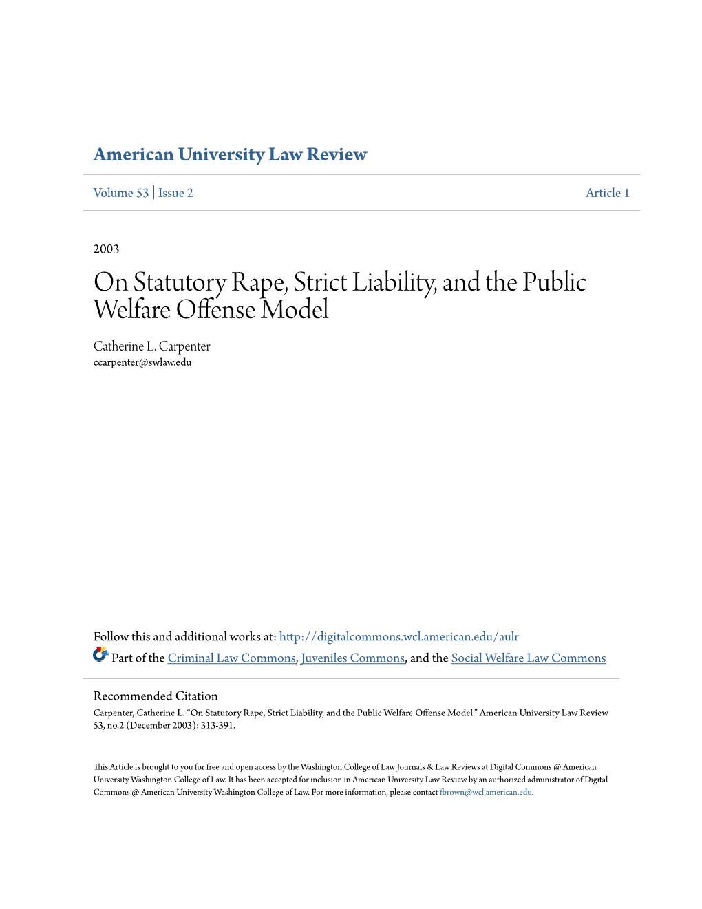 On Statutory Rape, Strict Liability, and the Public Welfare Offense Model Catherine L