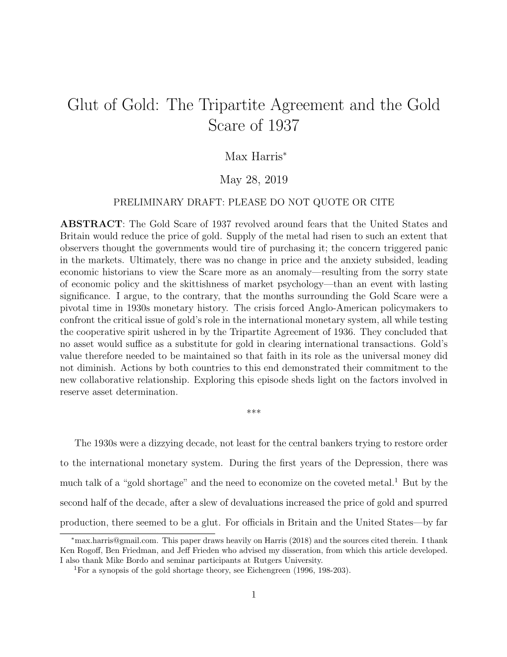 Glut of Gold: the Tripartite Agreement and the Gold Scare of 1937