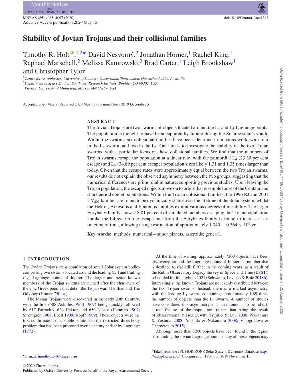 Stability of Jovian Trojans and Their Collisional Families