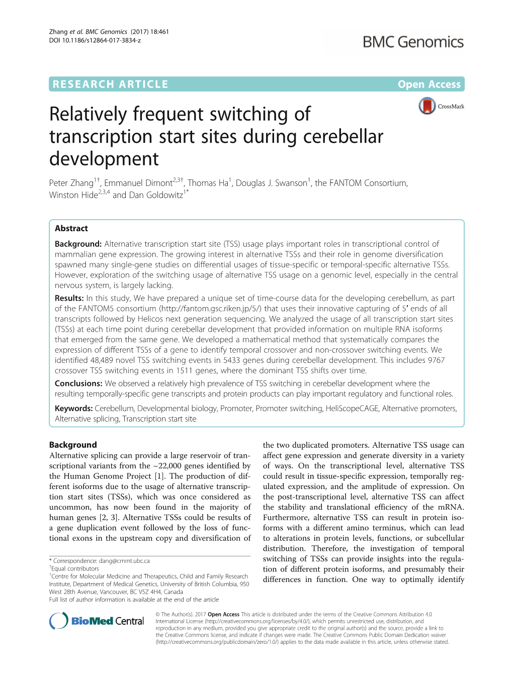 Relatively Frequent Switching of Transcription Start Sites During Cerebellar Development Peter Zhang1†, Emmanuel Dimont2,3†, Thomas Ha1, Douglas J