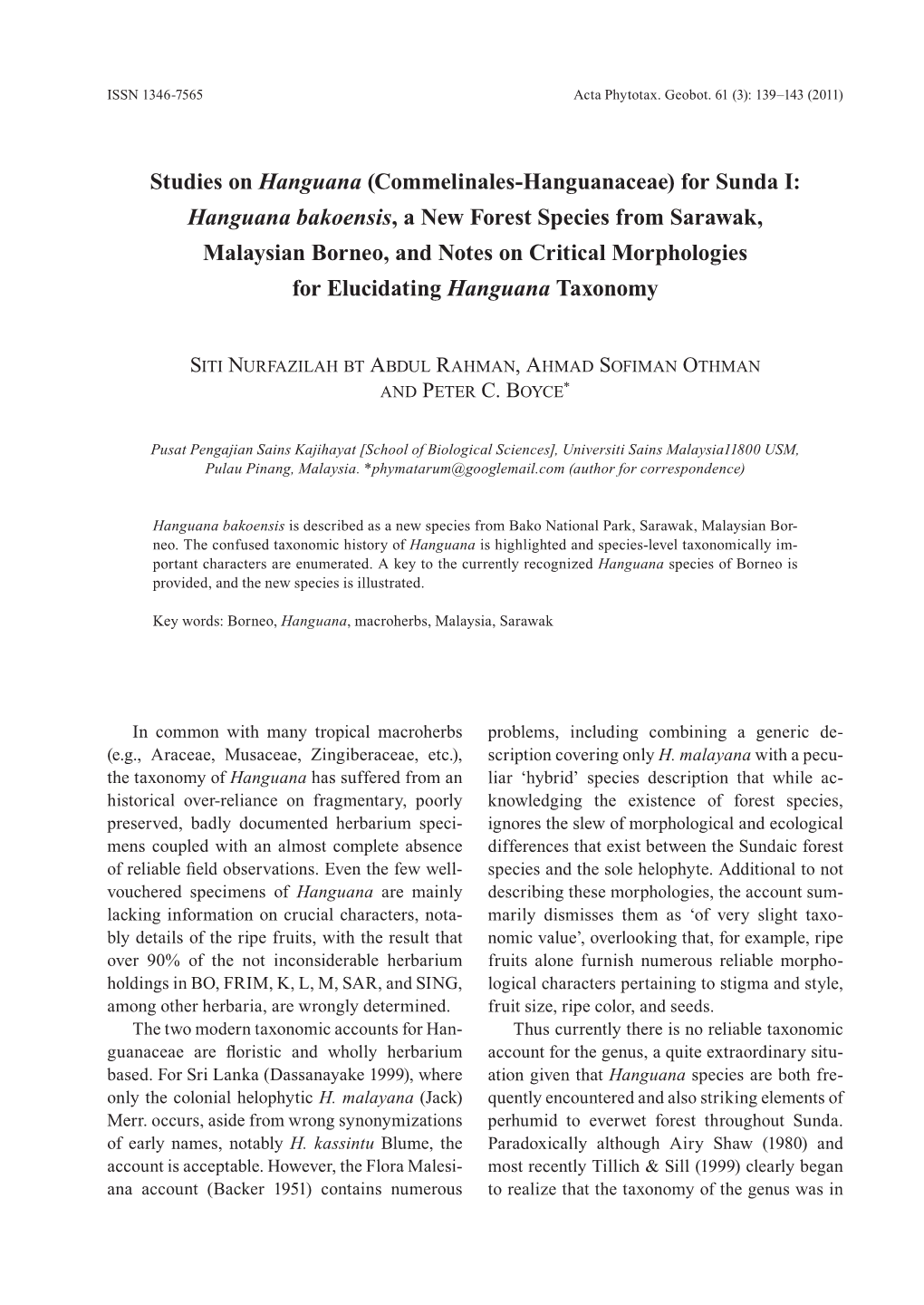 Studies on Hanguana (Commelinales-Hanguanaceae) For