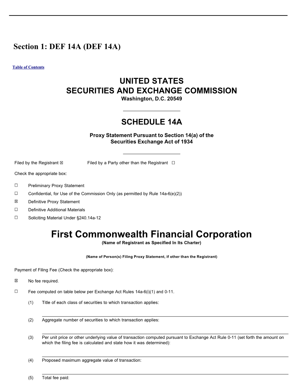 Proxy Statement for the First Commonwealth Financial Corporation 2020 Annual Meeting of Shareholders