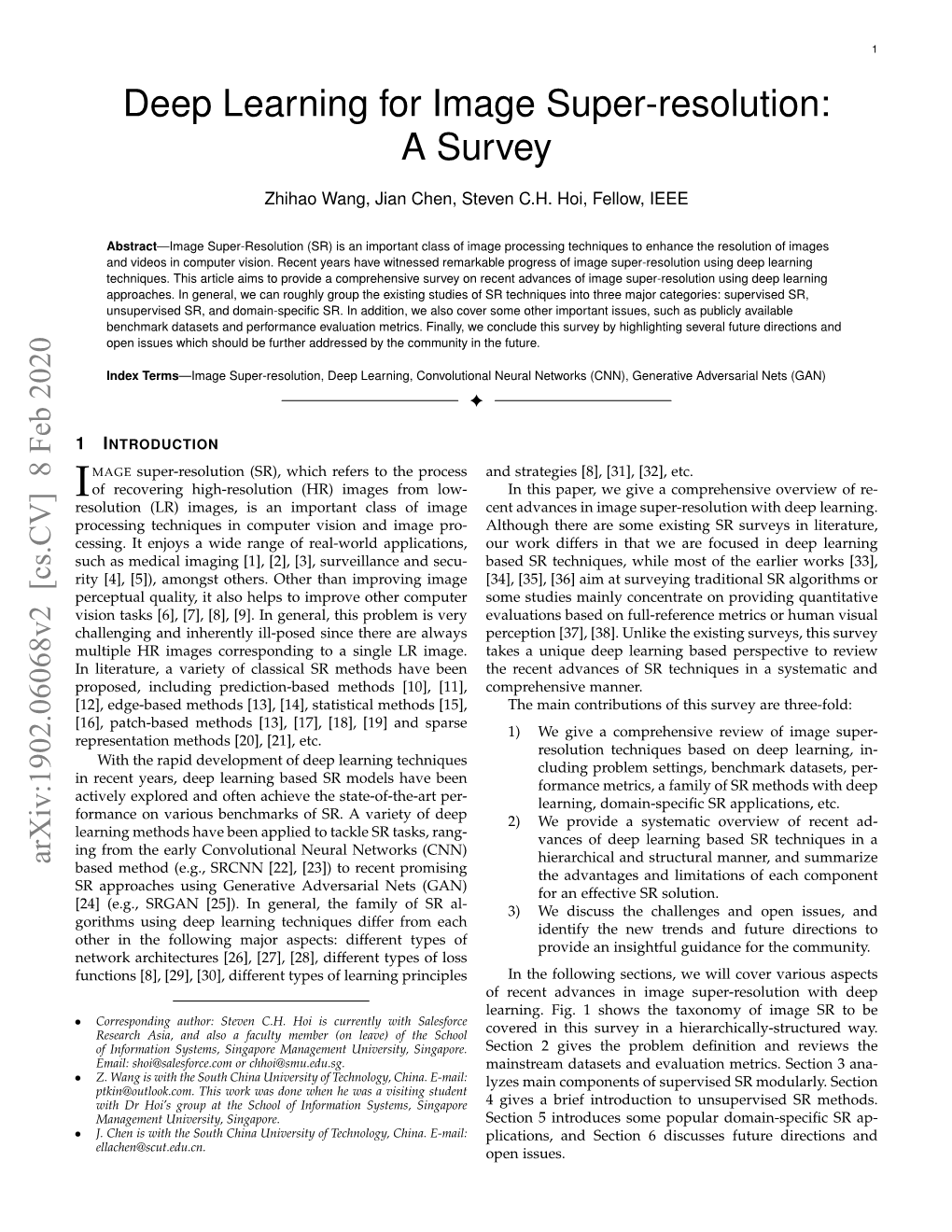 Deep Learning for Image Super-Resolution: a Survey