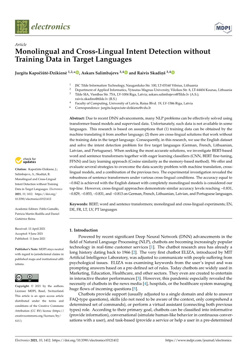 Monolingual and Cross-Lingual Intent Detection Without Training Data in Target Languages
