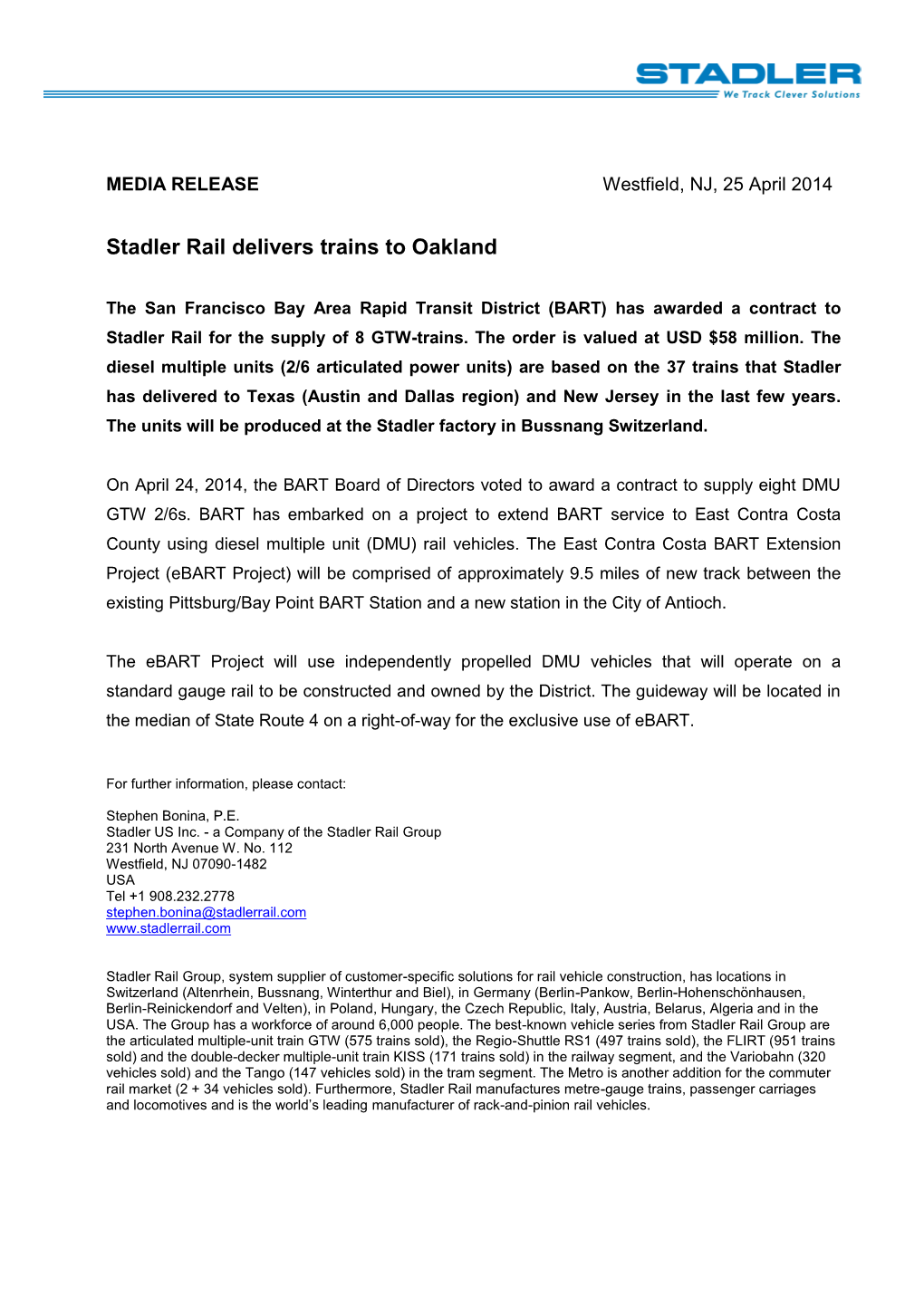 Stadler Rail Delivers Trains to Oakland