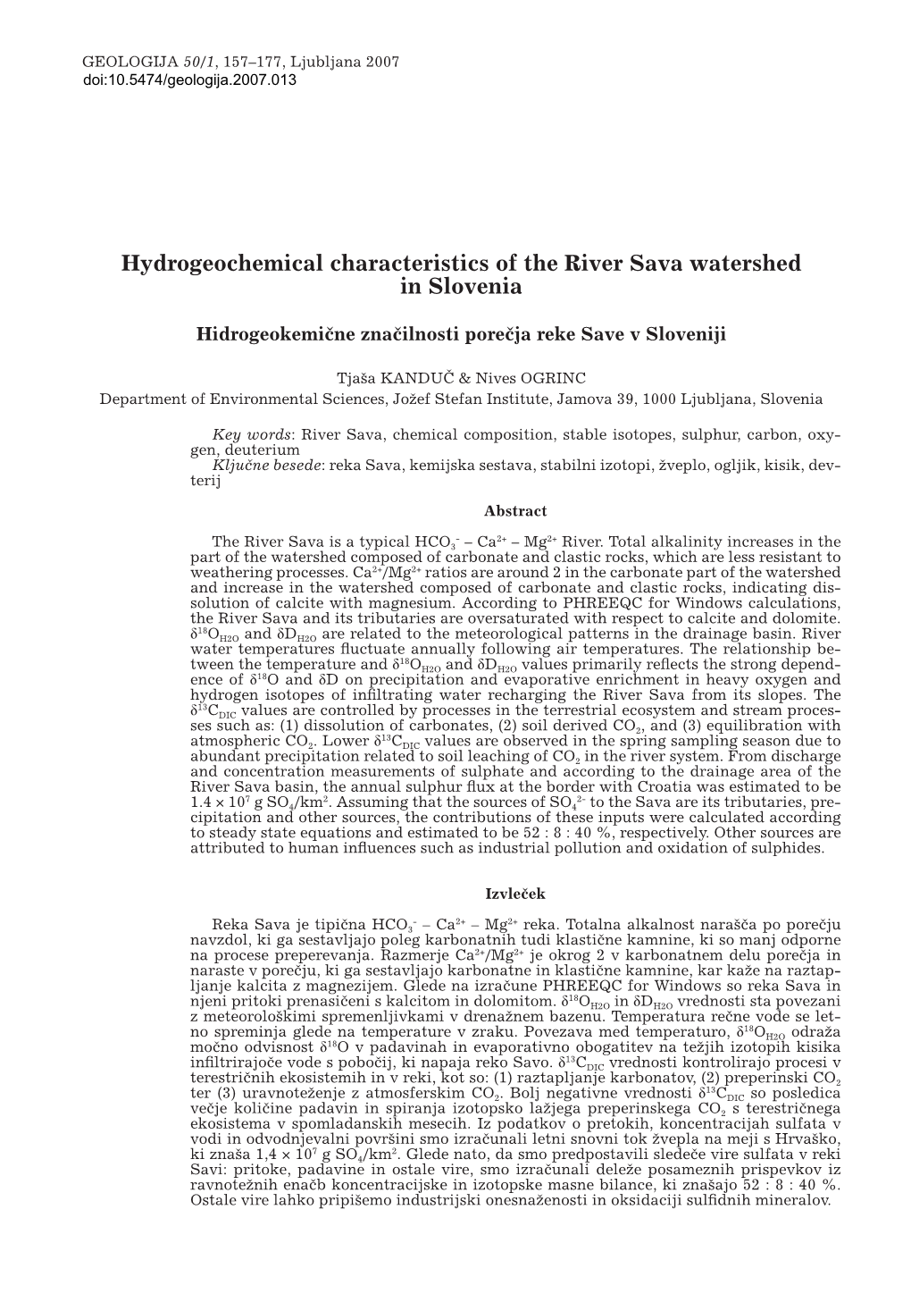 Hydrogeochemical Characteristics of the River Sava Watershed in Slovenia