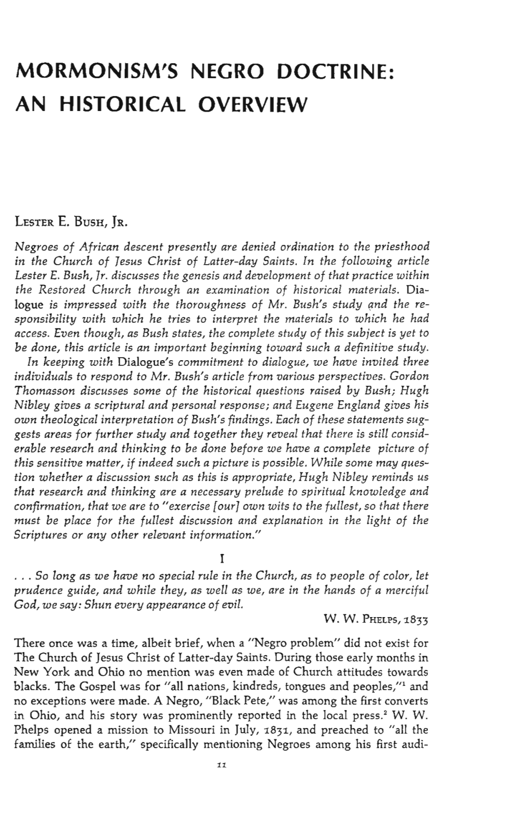 Mormonism's Negro Doctrine: an Historical Overview