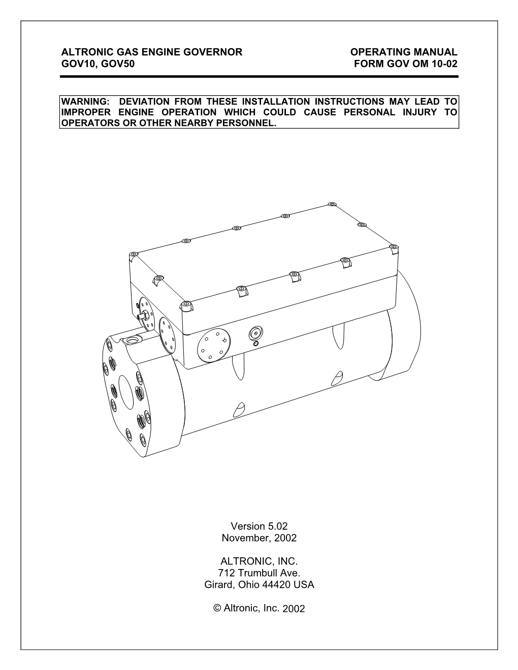 Altronic Gas Engine Governor Operating Manual Gov10, Gov50 Form Gov Om 10-02