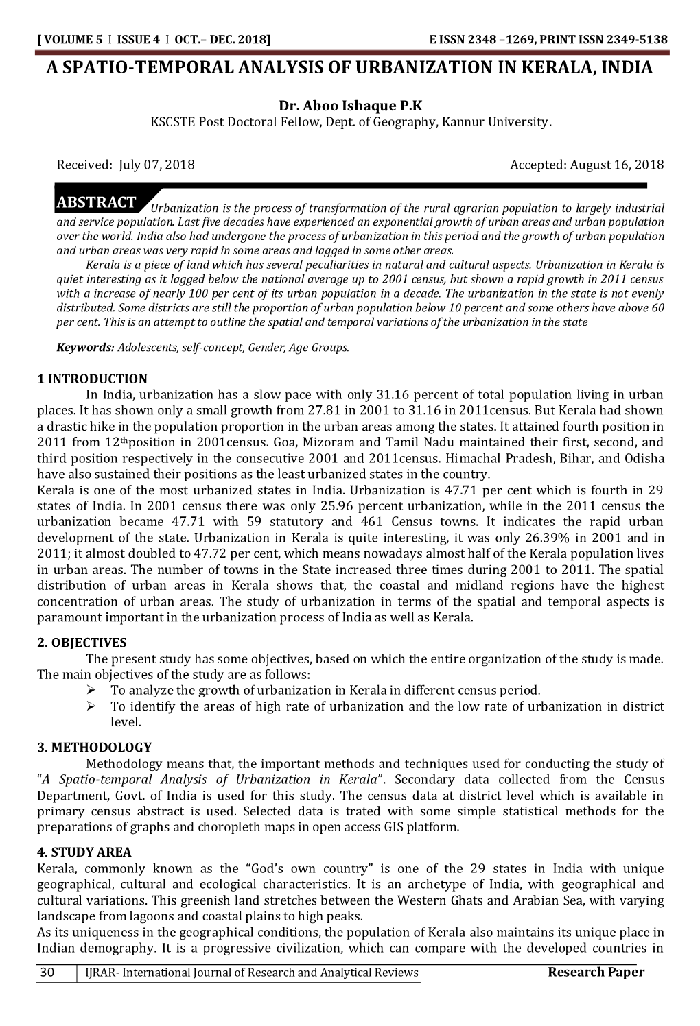 A Spatio-Temporal Analysis of Urbanization in Kerala, India