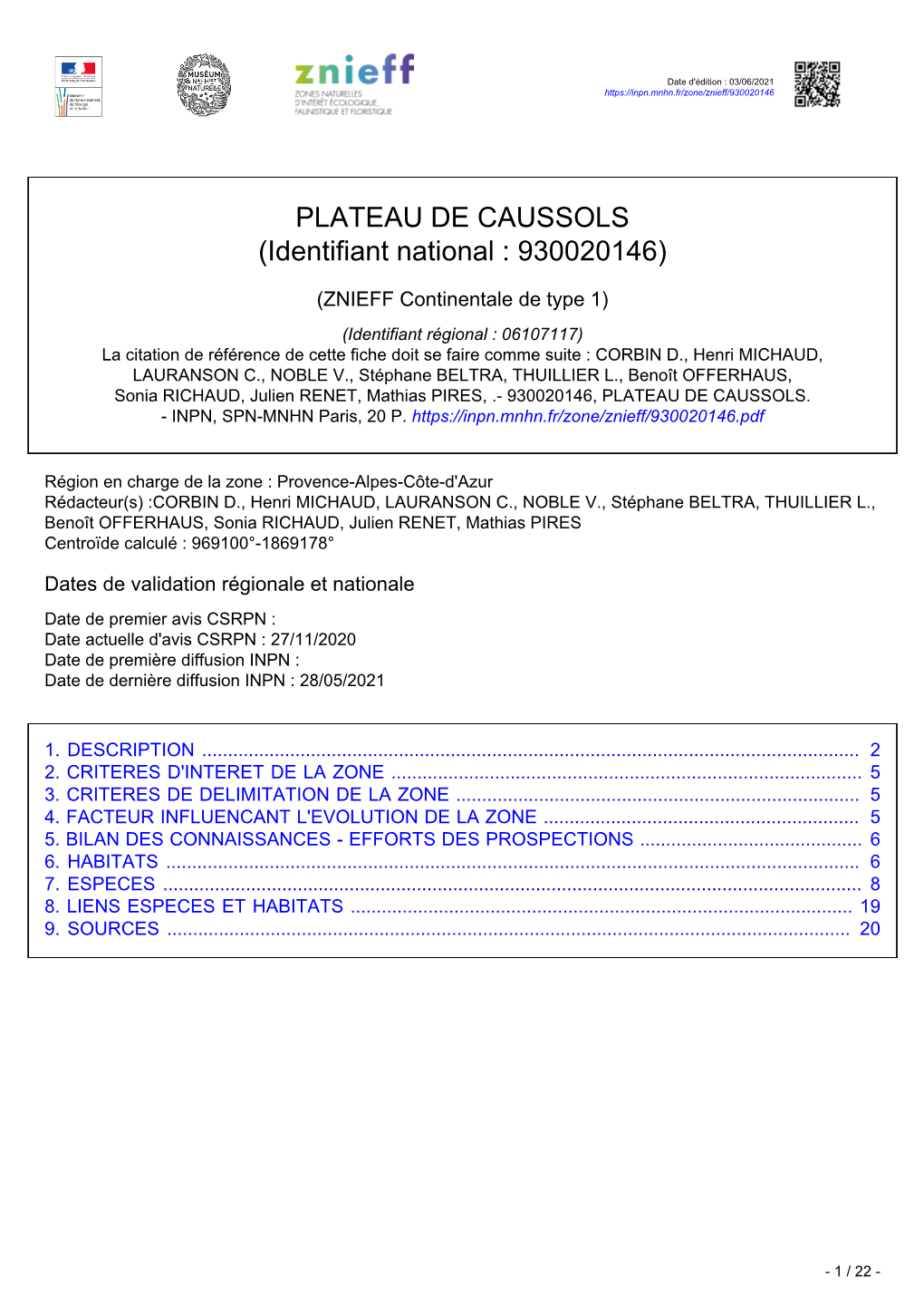 PLATEAU DE CAUSSOLS (Identifiant National : 930020146)