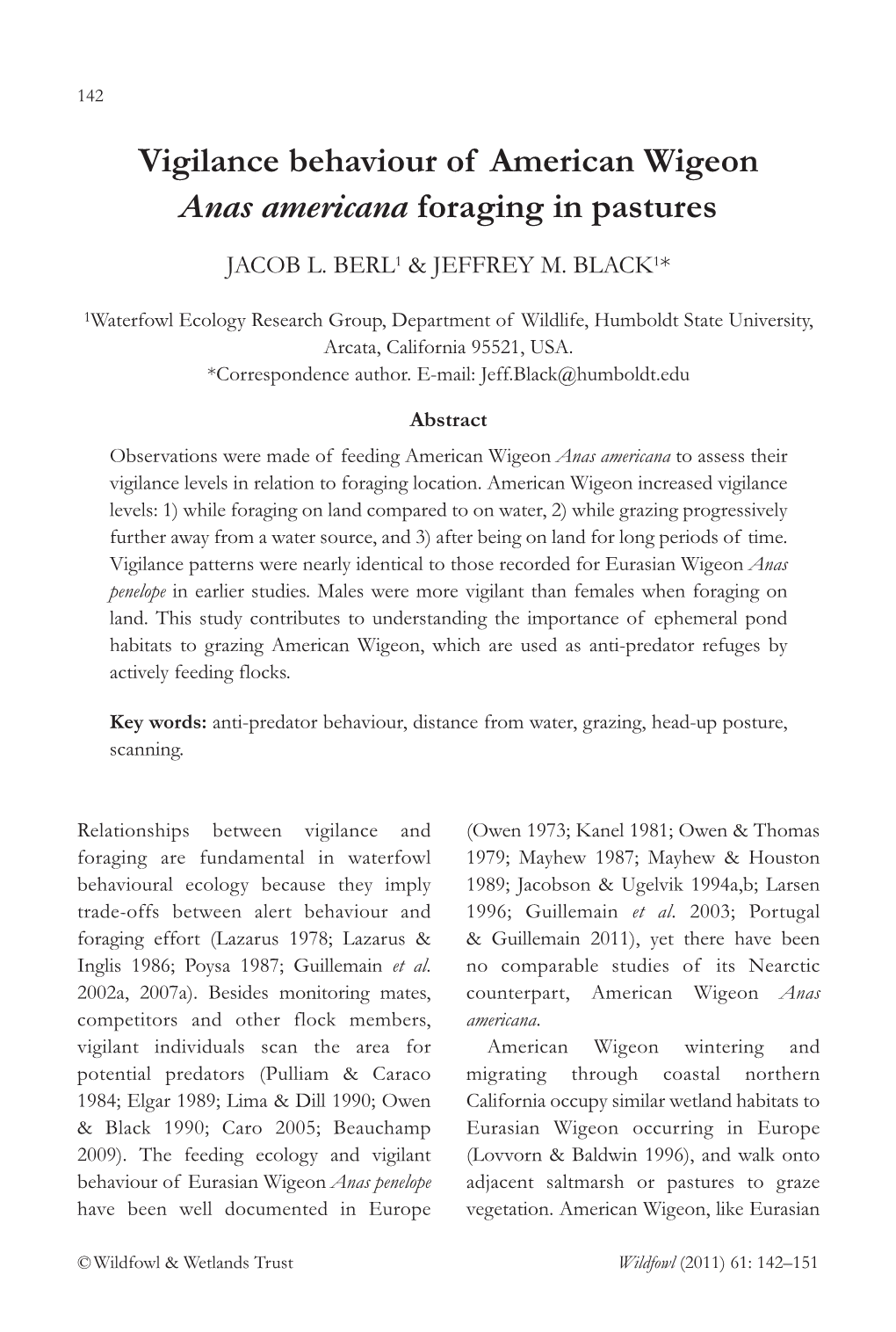 Berl JL & Black JM 2011. Vigilance Behaviour of American Wigeon