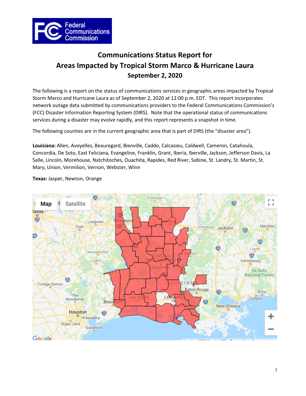 Communications Status Report for Areas Impacted by Tropical Storm Marco & Hurricane Laura September 2, 2020