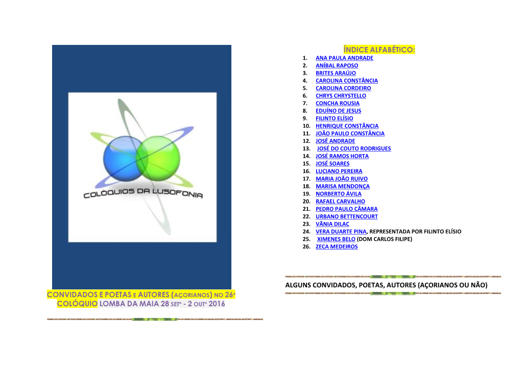 Alguns Convidados, Poetas, Autores (Açorianos Ou Não) Convidados E Poetas E Autores (Açorianos) No 26º Colóquio Lomba Da Maia 28 Setº - 2 Outº 2016