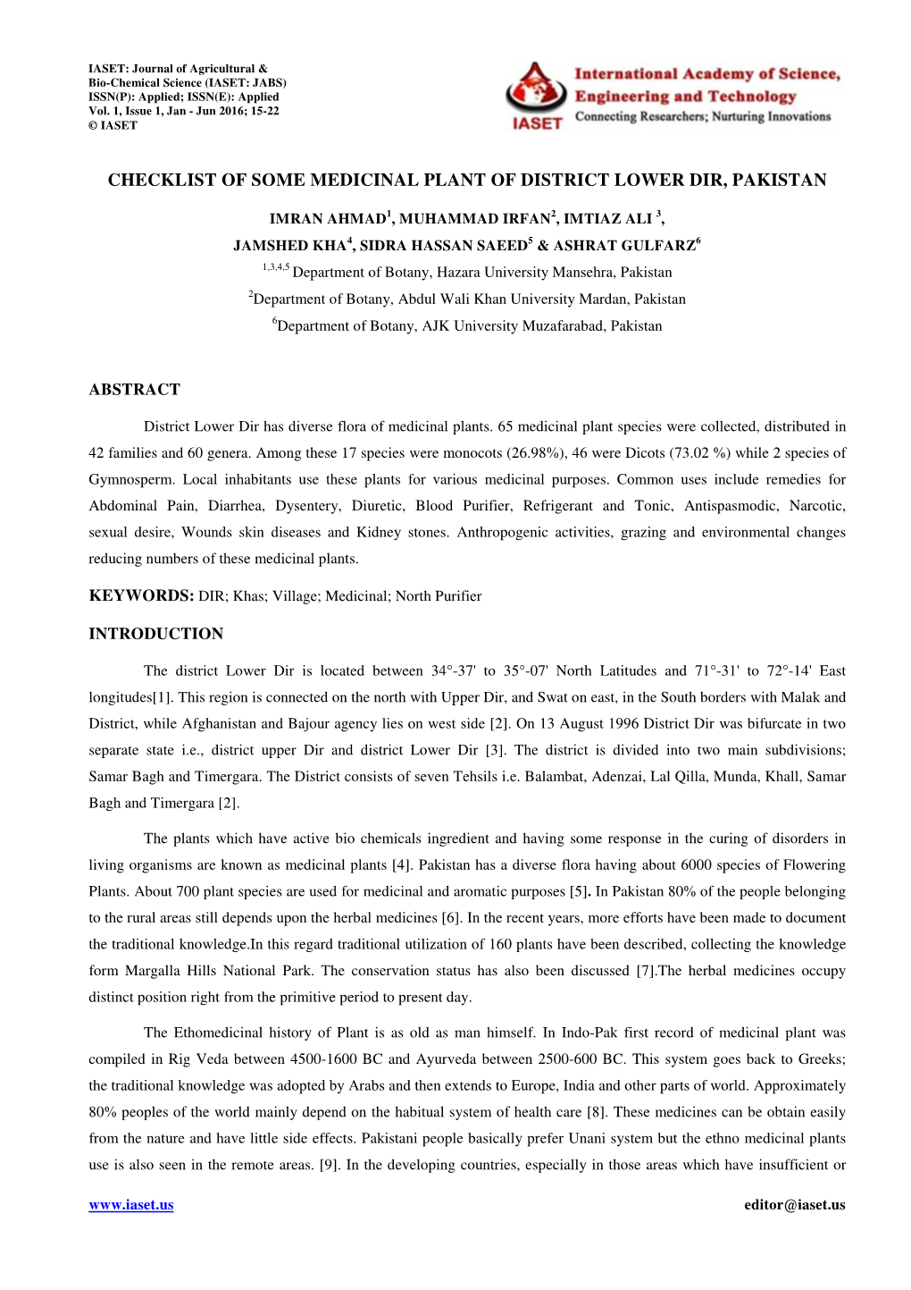 Checklist of Some Medicinal Plant of District Lower Dir, Pakistan