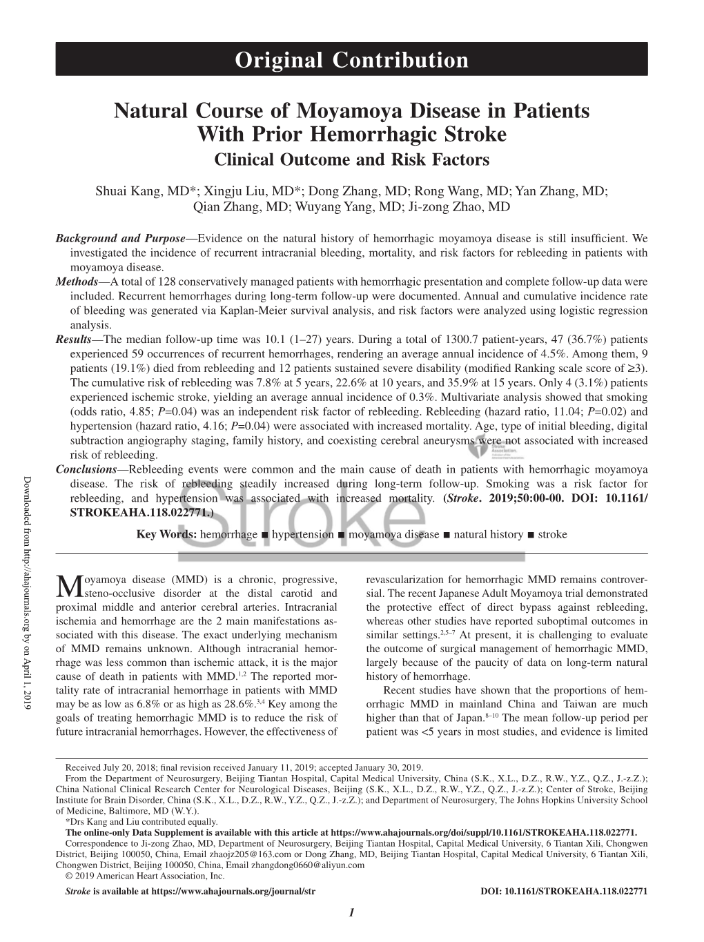 Natural Course of Moyamoya Disease in Patients with Prior Hemorrhagic Stroke Clinical Outcome and Risk Factors