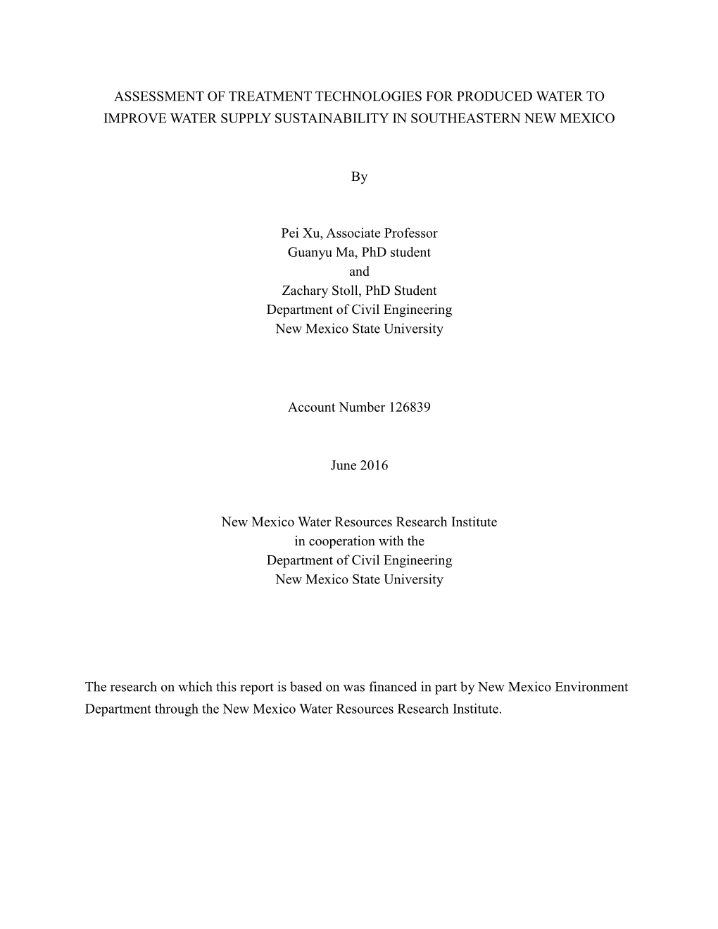 Assessment of Treatment Technologies for Produced Water to Improve Water Supply Sustainability in Southeastern New Mexico