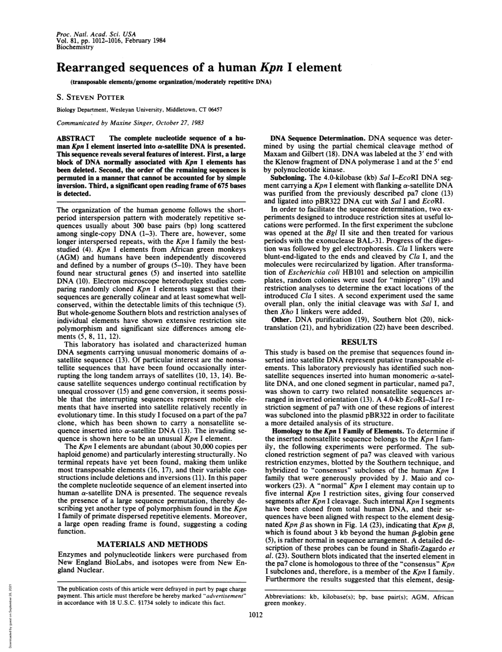 Rearranged Sequences of a Human Kpn I Element (Transposable Elements/Genome Organization/Moderately Repetitive DNA) S