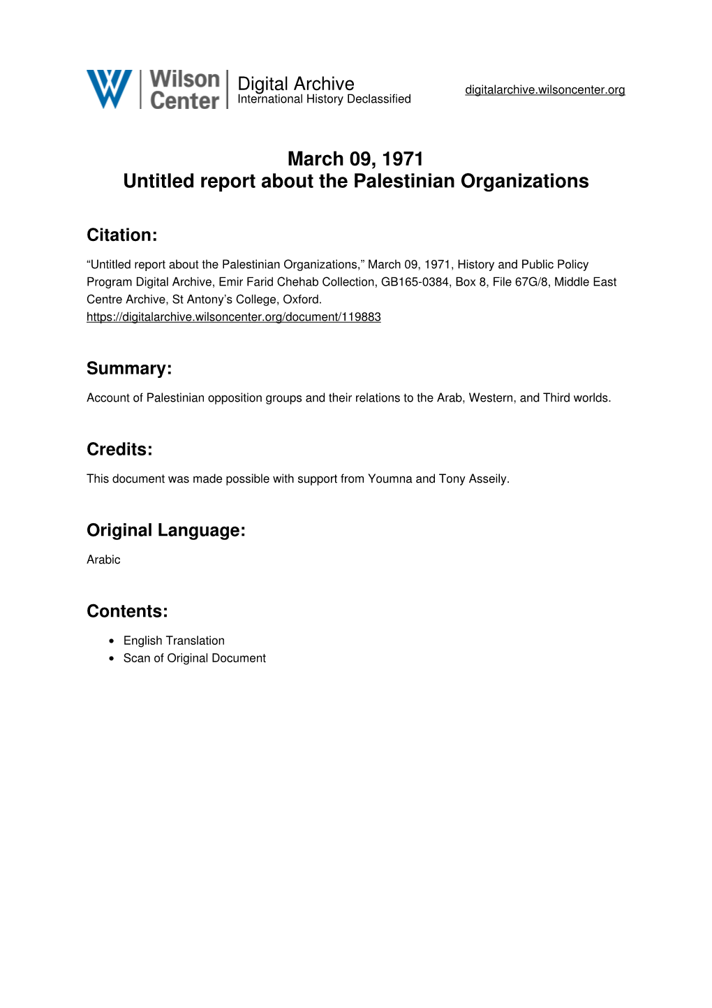 March 09, 1971 Untitled Report About the Palestinian Organizations