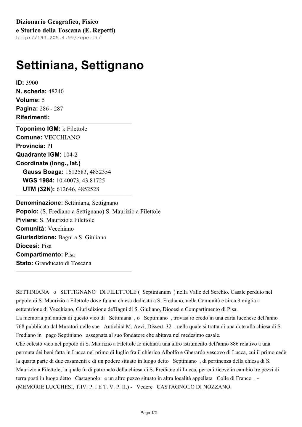 Settiniana, Settignano