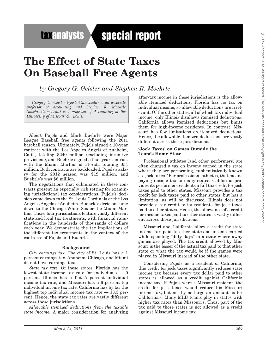 The Effect of State Taxes on Baseball Free Agents