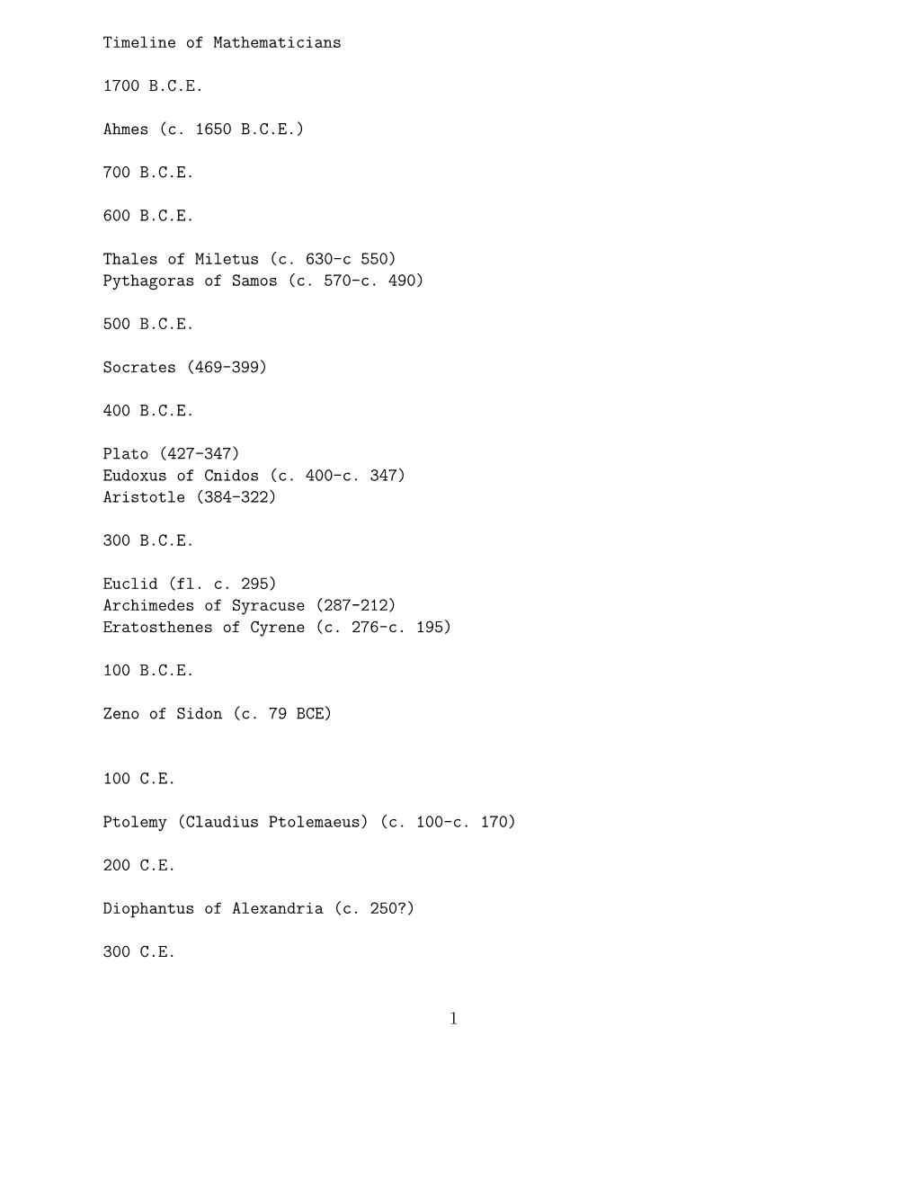 Timeline of Mathematicians 1700 BCE Ahmes