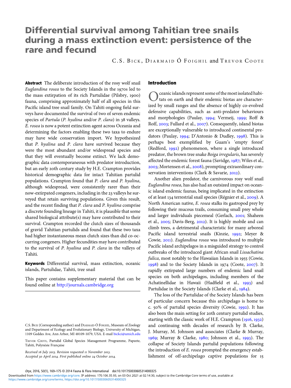 Differential Survival Among Tahitian Tree Snails During a Mass Extinction Event: Persistence of the Rare and Fecund