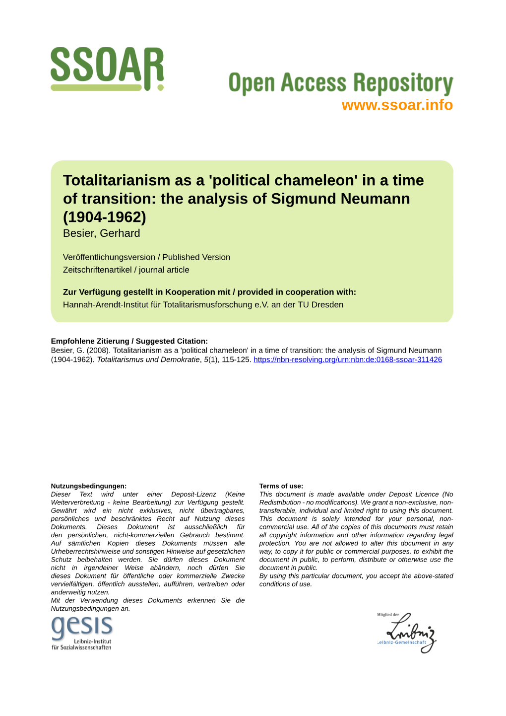 In a Time of Transition: the Analysis of Sigmund Neumann (1904-1962) Besier, Gerhard