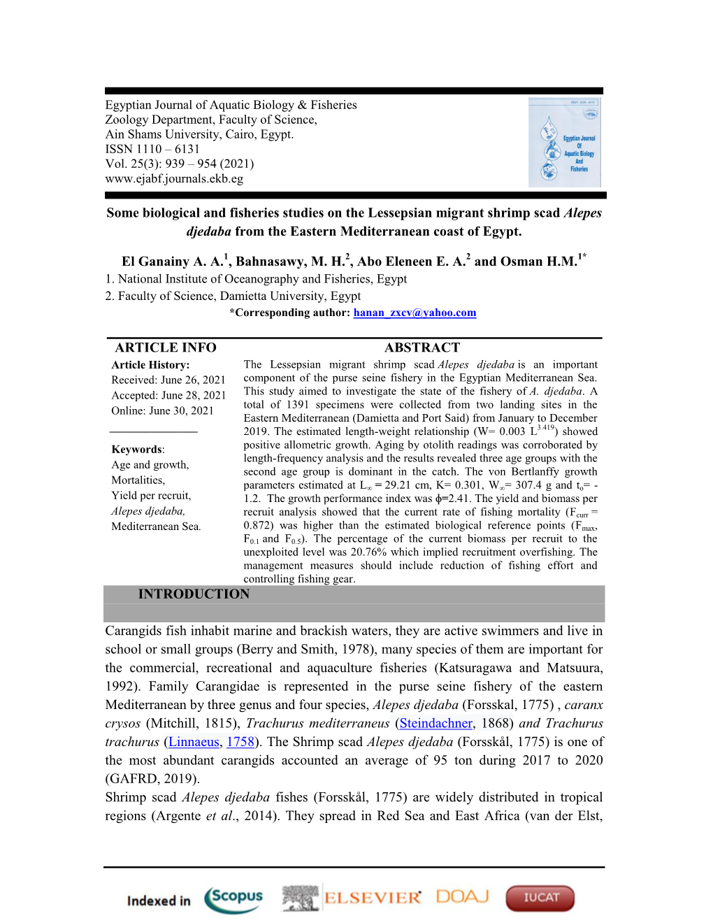 Some Biological and Fisheries Studies on the Lessepsian Migrant Shrimp Scad Alepes Djedaba from the Eastern Mediterranean Coast of Egypt