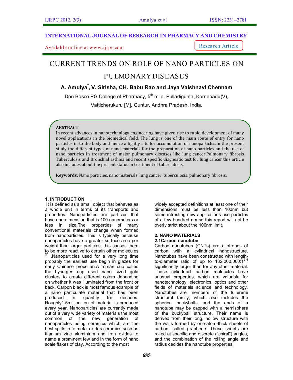 Current Trends on Role of Nano Particles on Pulmonary Diseases A