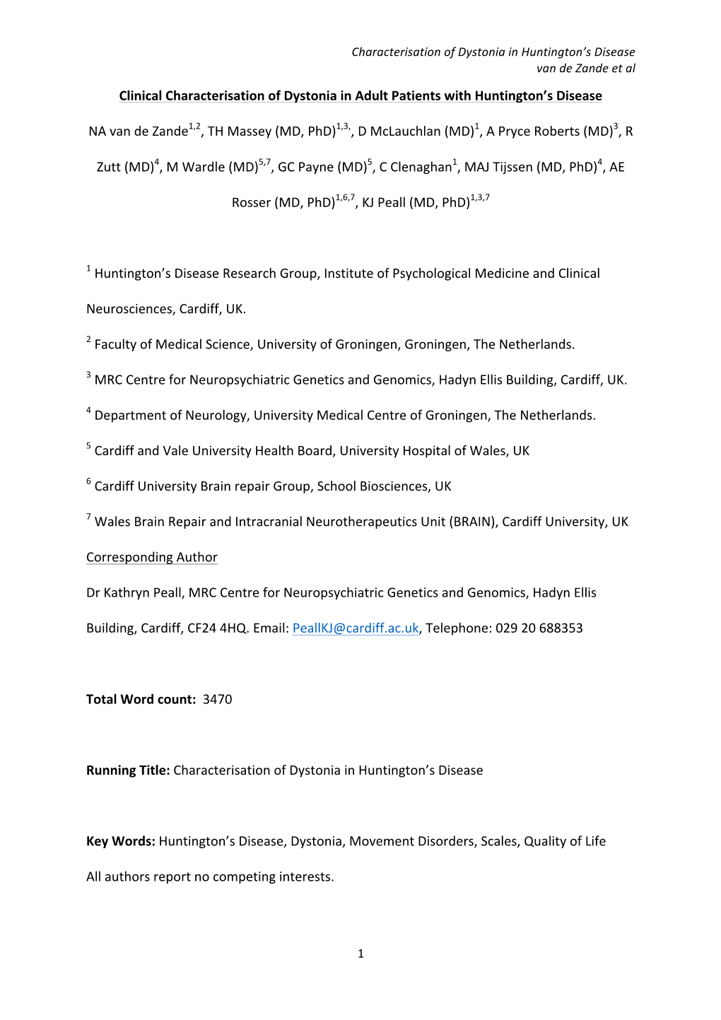 Characterisation of Dystonia in Huntington's Disease Van De Zande