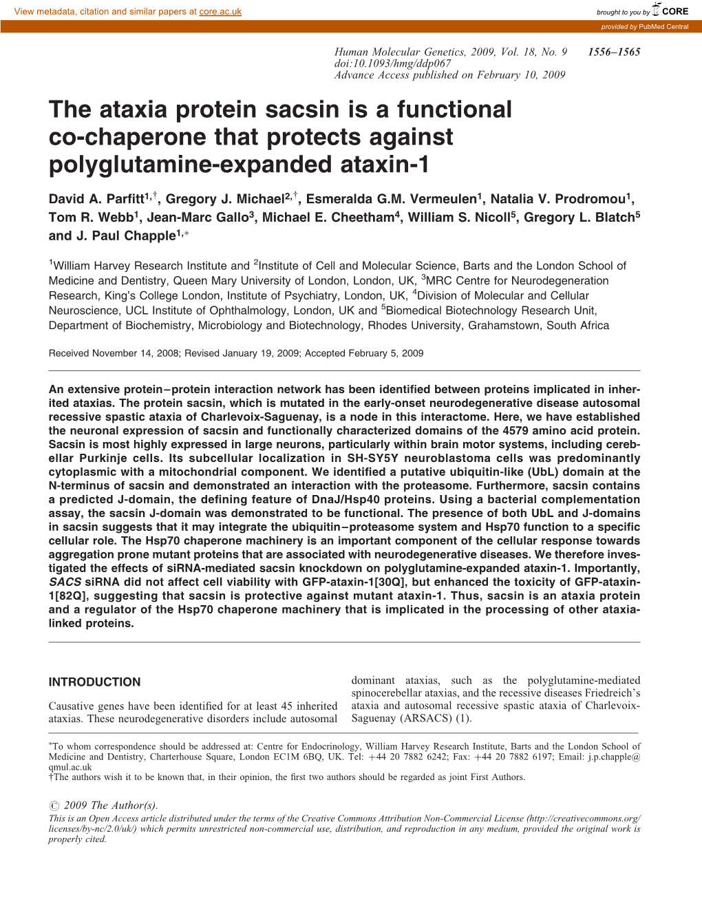 The Ataxia Protein Sacsin Is a Functional Co-Chaperone That Protects Against Polyglutamine-Expanded Ataxin-1