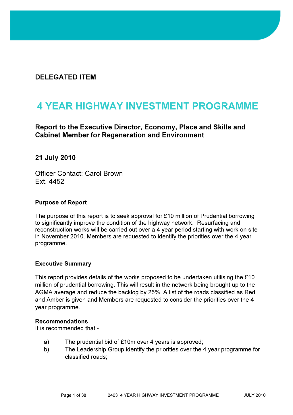 4 Year Highway Investment Programme