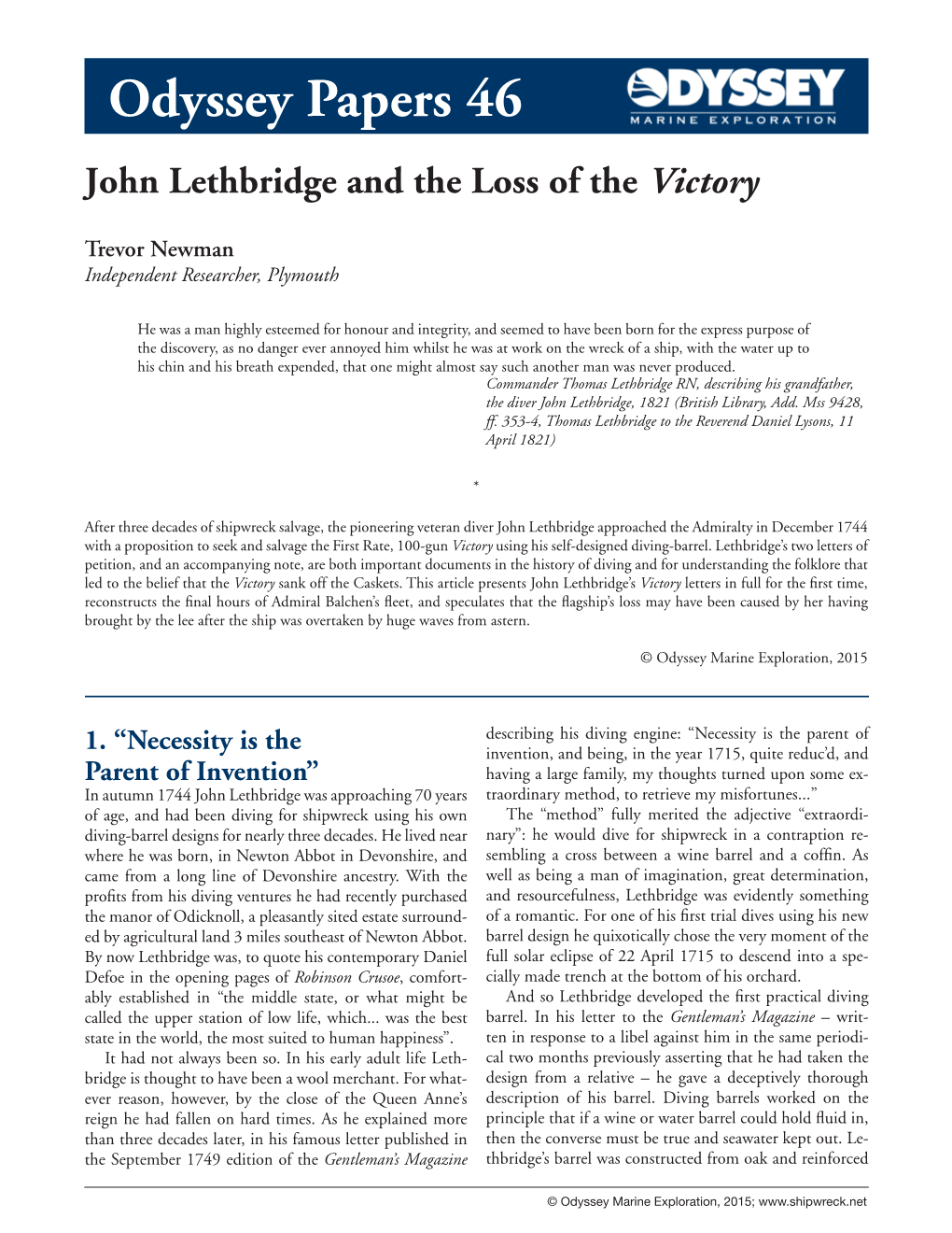 John Lethbridge and the Loss of the Victory