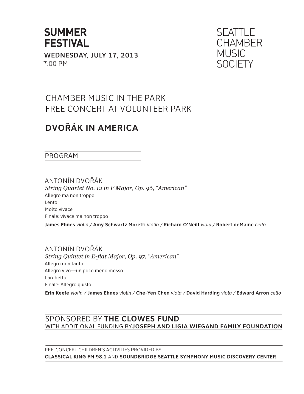 Chamber Music in the Park Free Concert at Volunteer Park Dvořák