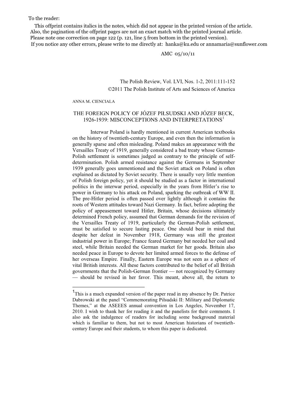 The Foreign Policy of Józef Piłsudski and Józef Beck, 1926-1939: Misconceptions and Interpretations1