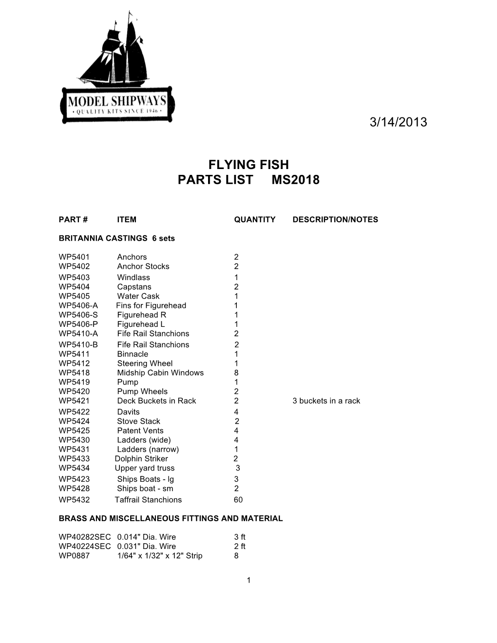 3/14/2013 Flying Fish Parts List Ms2018