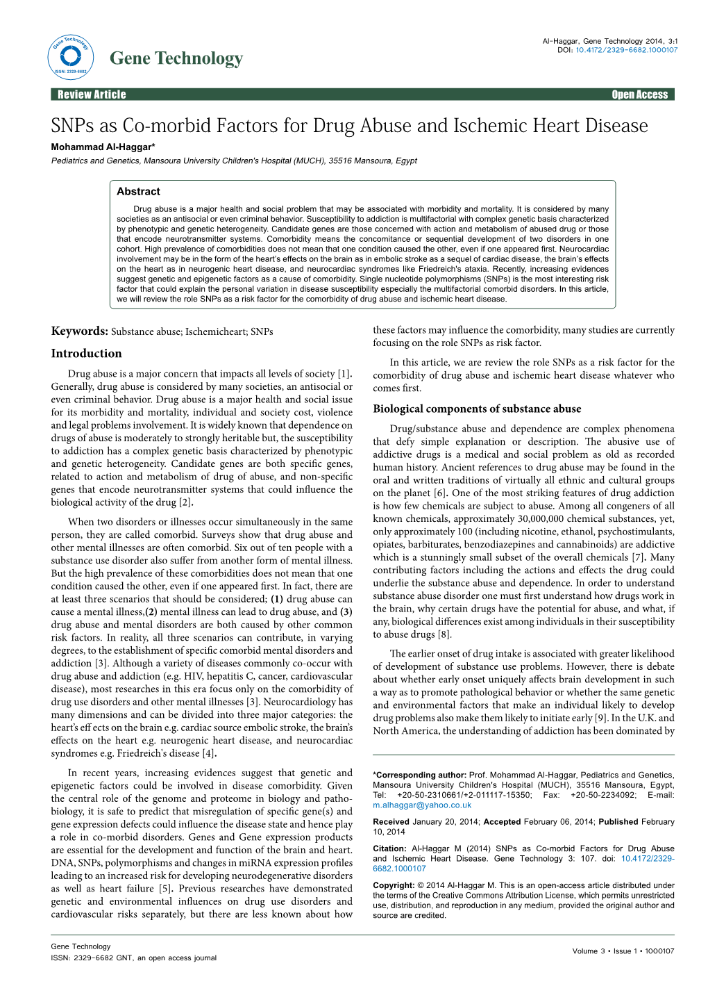 Snps As Co-Morbid Factors for Drug Abuse and Ischemic Heart Disease