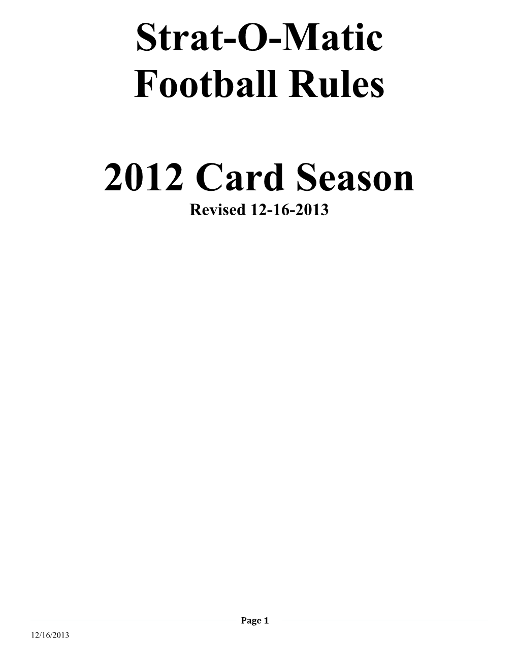 Strat-O-Matic Football Rules 2012 Card Season