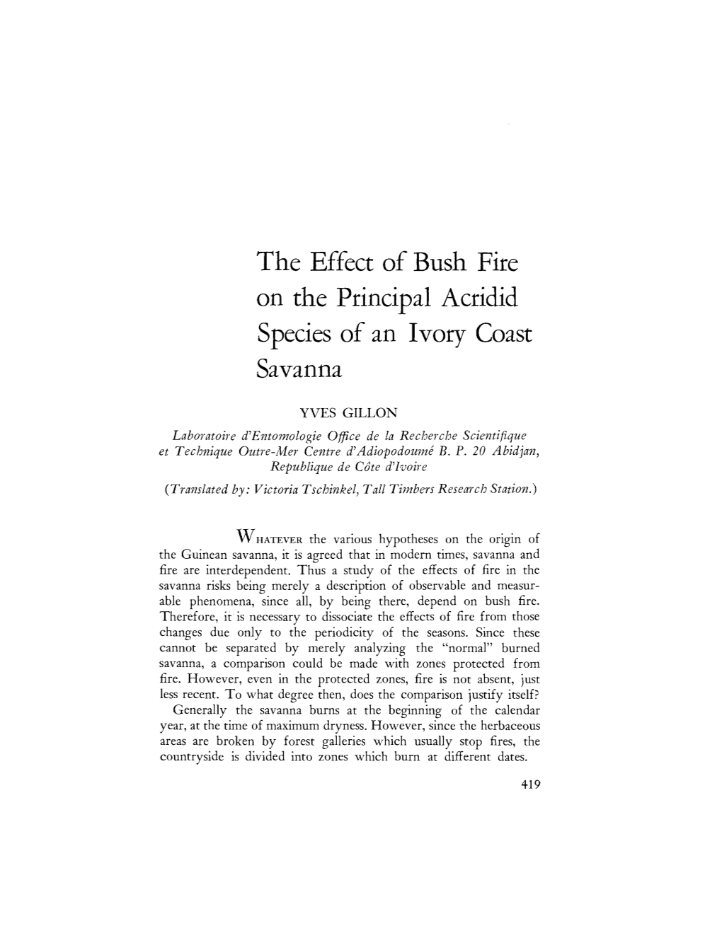 The Effect of Bush Fire on the Principal Acridid Species of an Ivory Coast Savanna
