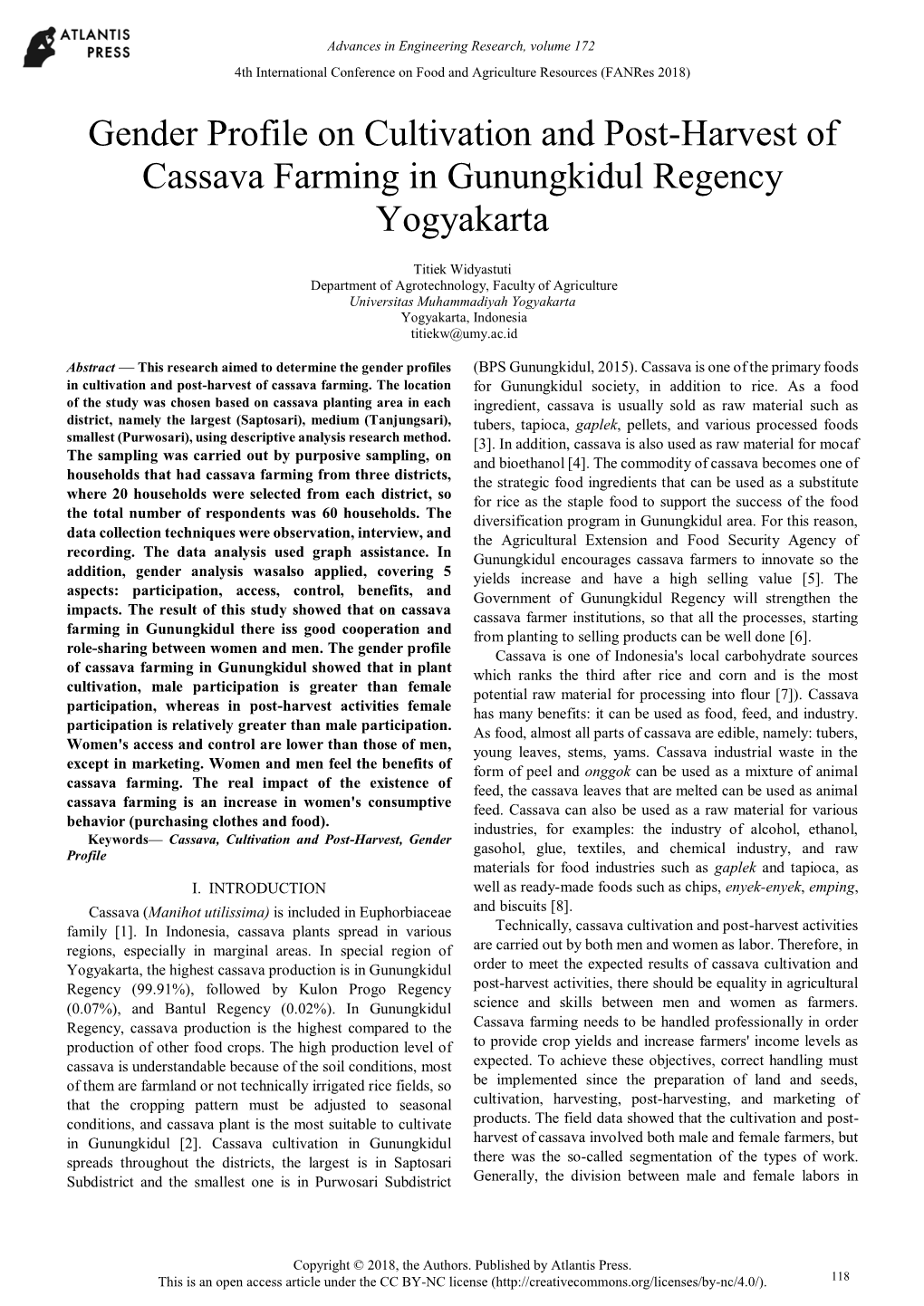 Gender Profile on Cultivation and Post-Harvest of Cassava Farming in Gunungkidul Regency Yogyakarta