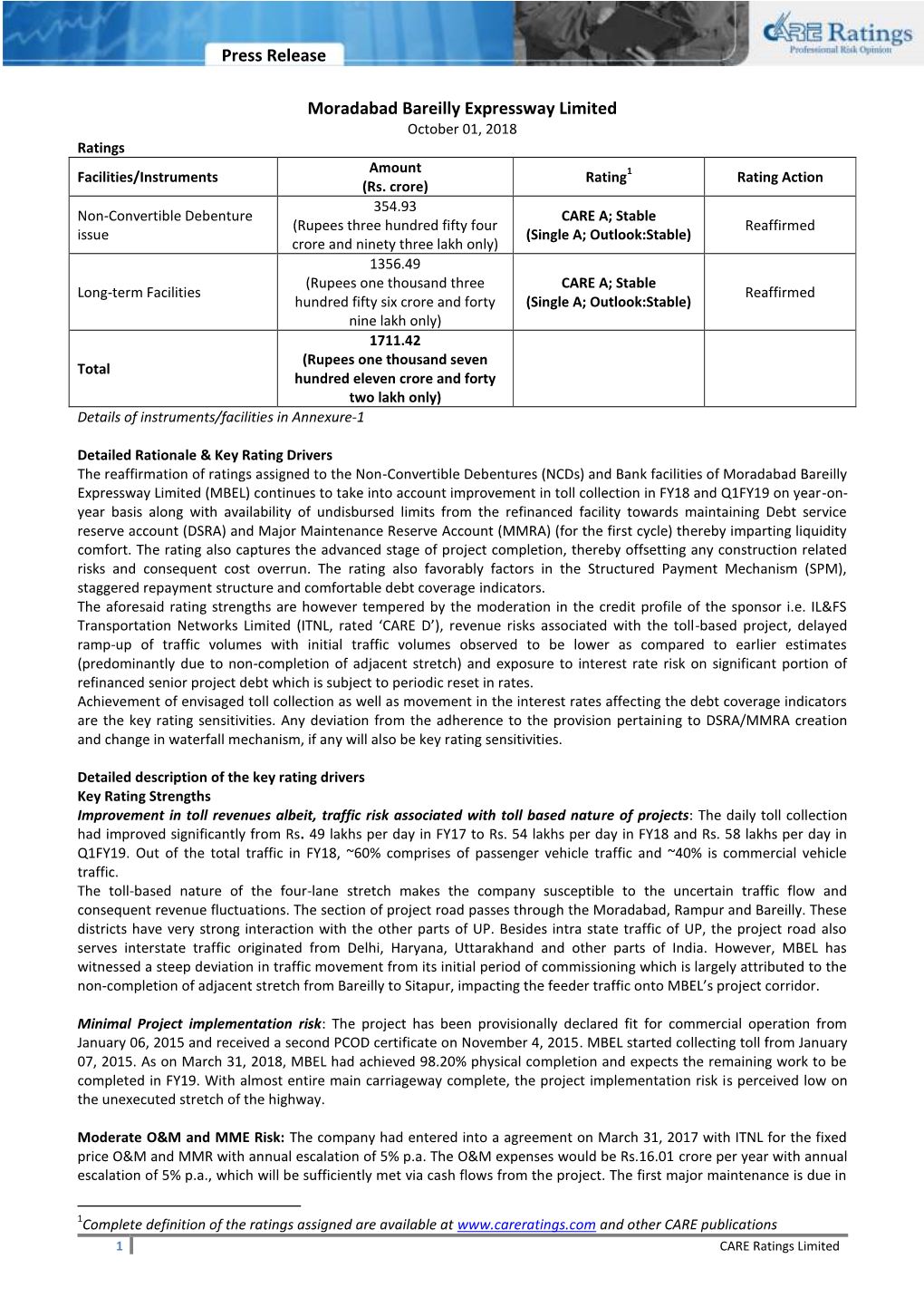 Press Release Moradabad Bareilly Expressway Limited