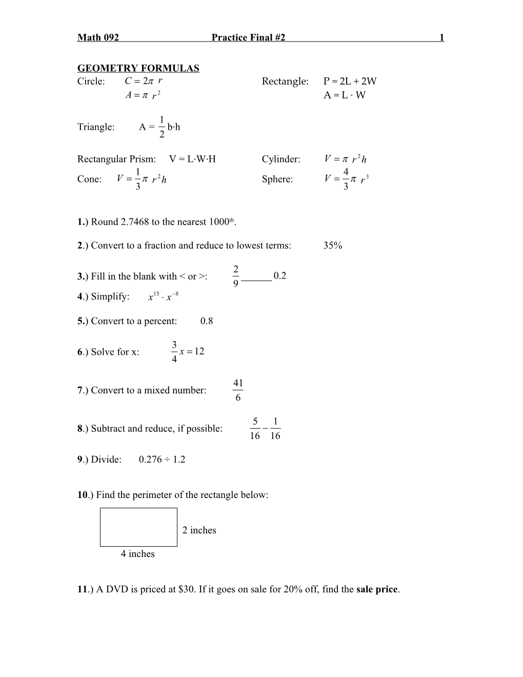 Math 092 Practice Final #2 1