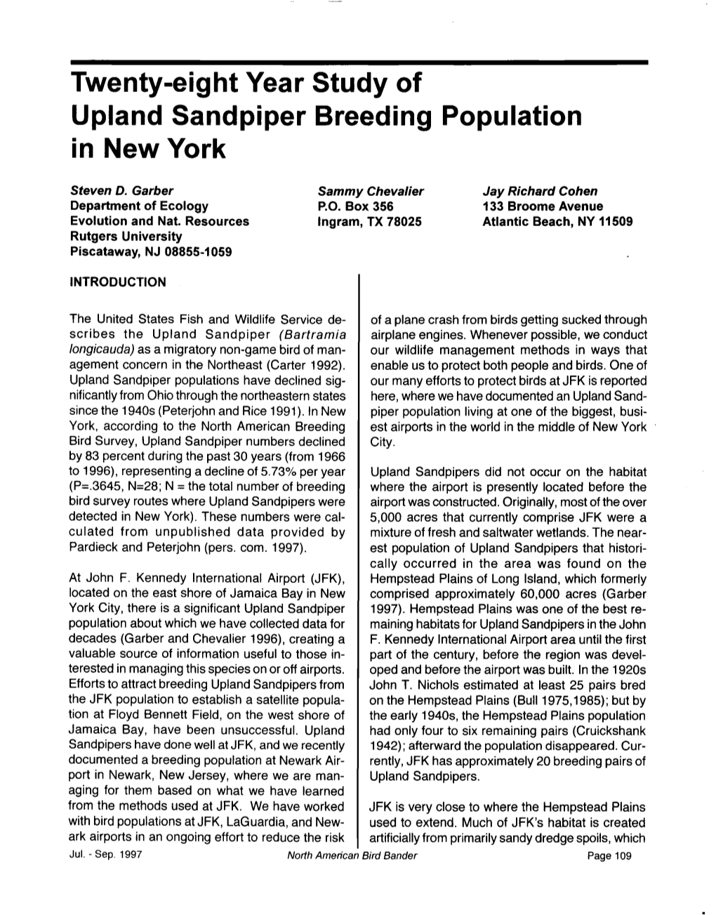 Twenty-Eight Year Study of Upland Sandpiper Breeding Population in New York