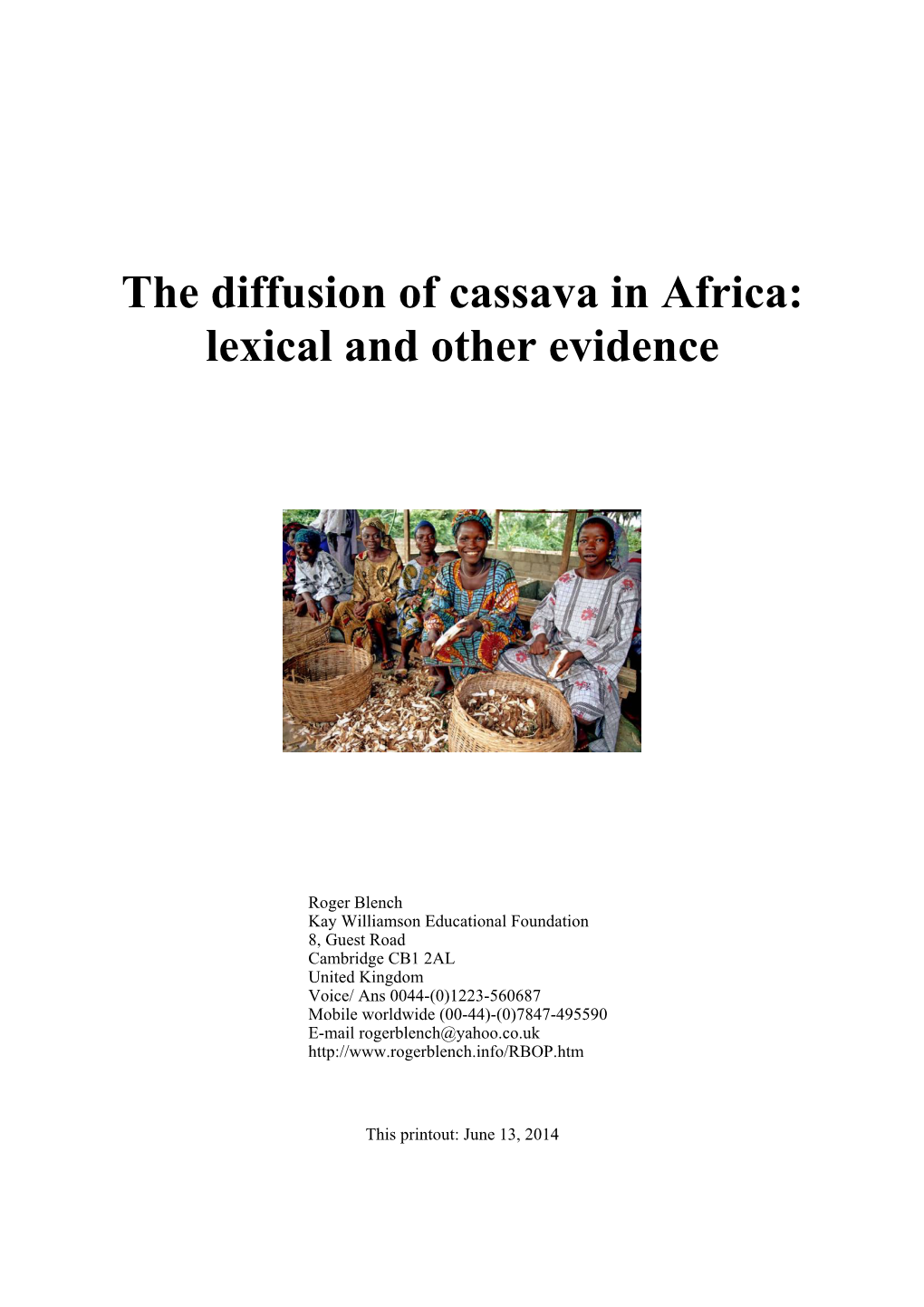 The Diffusion of Cassava in Africa: Lexical and Other Evidence