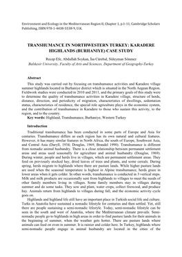 Transhumance in Northwestern Turkey: Karadere Highlands (Burhaniye) Case Study