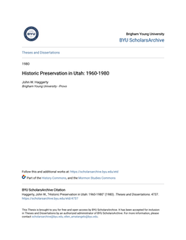 Historic Preservation in Utah: 1960-1980
