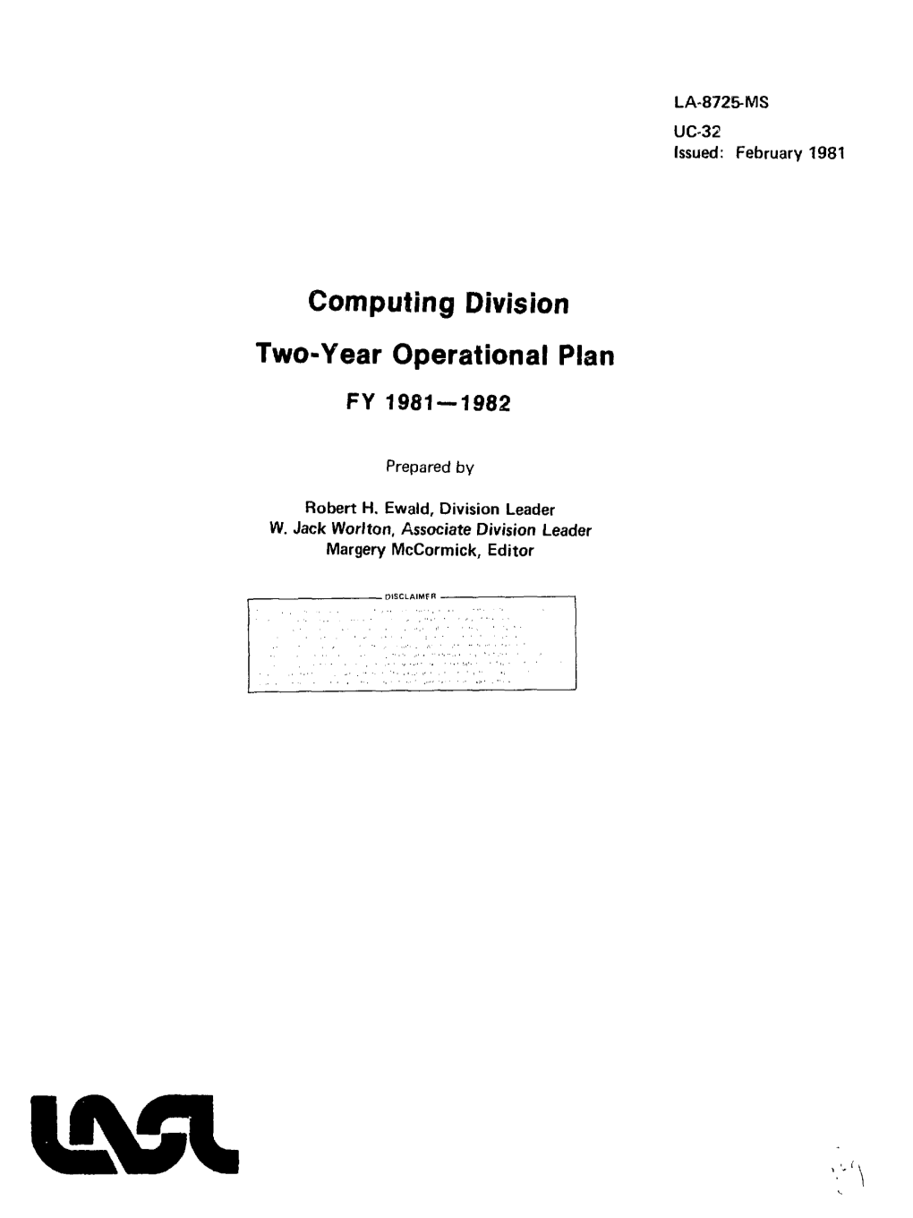 Computing Division Two-Year Operational Plan FY 1981 — 1982