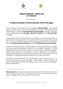 A Roberto Benigni Il Premio Speciale Città Di Viareggio