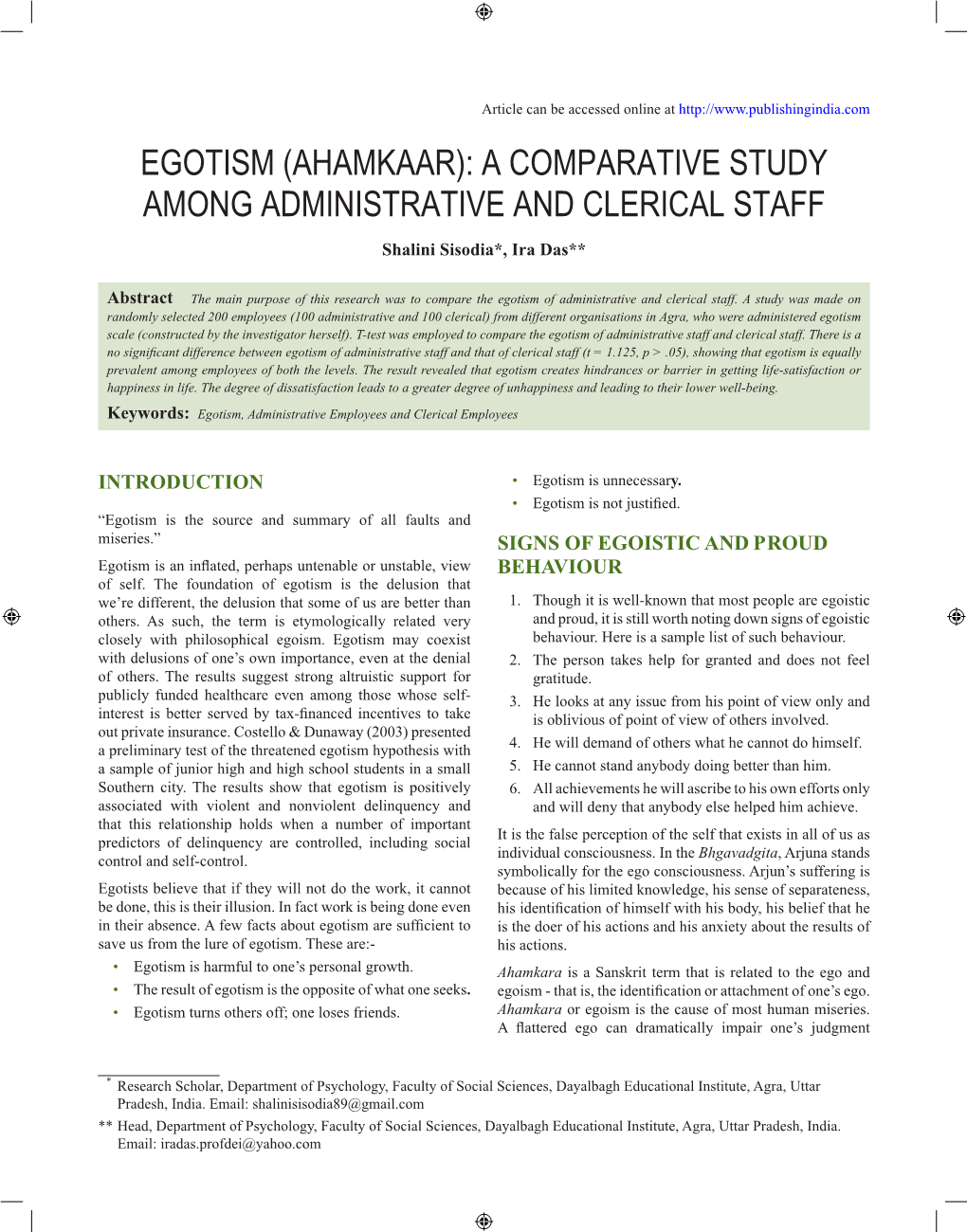 Egotism (Ahamkaar): a Comparative Study Among Administrative and Clerical Staff